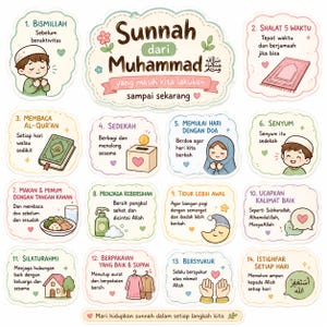 May include: A sticker sheet featuring fourteen numbered illustrations and text in Indonesian detailing Sunnah practices. The central title reads Sunnah dari Muhammad yang masih kita lakukan sampai sekarang, surrounded by pastel-coloured icons.