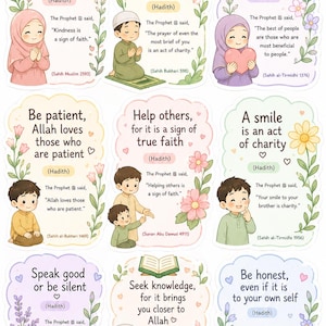 May include: A set of nine rectangular stickers with scalloped edges, each featuring pastel-coloured floral borders, cartoon illustrations of children, and Islamic Hadith quotes in English text, including phrases like Kindness is a sign of Faith.