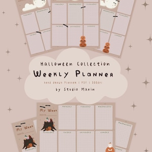 Pode incluir: Uma coleção de páginas de planejador semanal com ilustrações de Halloween como luas, nuvens, abóboras e morcegos. O texto diz Halloween Collection Weekly Planner, hand drawn planner, PDF, 300dpi, by Studio Marin, com layouts de grade.
