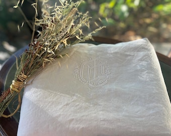 Vintage-Bettlaken aus französischem Leinen, handgesticktes Kronenmonogramm, Kingsize (206 x 280 cm)