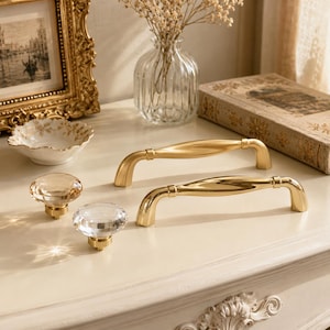 Crystal Cabinet Knobs and Gold Drawer Pulls, Glass Dresser Knobs, Brushed Brass Handles, Polished Gold Cabinet Hardware