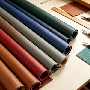 Op de afbeelding: Een verzameling opgerolde leren vellen in diverse kleuren, waaronder donkergroen, marineblauw, grijs, bruin, rood en beige. De rollen zijn diagonaal gerangschikt op een werkblad naast een houten liniaal, een hobbymes en een groene snijmat.