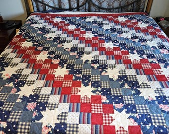 Handmade King Size Patriotic Star Block Quilt