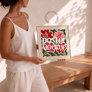 Boho Chic Square Frame Mockup, Luxury 1x1 Wall Art Display PSD with Smart Object, Gold Framed Poster With Person