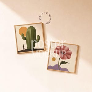 May include: Two square framed wall art prints. The left print features a green cactus, a yellow sun, and a small figure on a beige background. The right print displays a large pink flower with a green stem, a yellow sun, and a purple shape below.