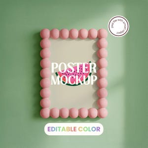 May include: A rectangular picture frame with a pink bubble-textured border surrounding a central print of a watermelon slice. The frame features the white text POSTER MOCKUP. A circular badge in the corner reads PSD file with smart object.