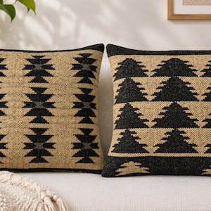Set of 2 Wool Jute Kilim Pillow Covers, 18x18 20x20 22x22, Handmade Moroccan Aztec Boho Throw Pillows, Textured Sofa Decor Cushion