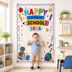 May include: A vertical fabric banner featuring the text HAPPY 1st day of SCHOOL 2026. The design includes colourful illustrations of a red apple, a yellow ruler, a pencil, a globe on books, a backpack, scissors, and crayons on a white background.