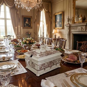May include: A rectangular white ceramic tureen with brown floral patterns and a lid, positioned centrally on a long wooden dining table. The table is set with crystal glassware, white napkins in gold rings, silver cutlery, and plates of food in a formal room.