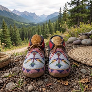 May include: A pair of moccasins featuring intricate beadwork in white, blue, red, yellow, and purple geometric patterns. The footwear includes a red collar, tan leather laces, and a light-colored sole, presented as a slip-on style shoe.