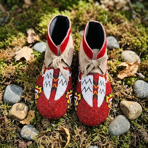 Handmade Red Beaded Feather Shoes. Native Suede Style Leather Boot. Powwow Regalia Traditional Shoes with Beadwork