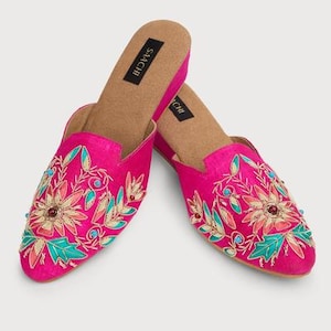 Fuchsia Silk Agara Motif Shoe Mules Slides
