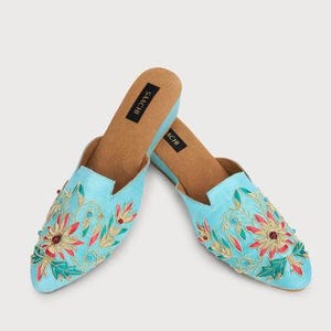 Aqua Silk Agara Motif Shoe Mules Slides