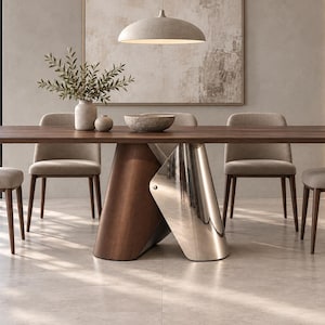 Puede incluir: Una mesa de comedor rectangular de madera con una base que combina madera oscura y un panel de metal plateado pulido, acompañada de cuatro sillas tapizadas en tela beige claro con patas de madera oscura, dispuestas en un comedor.