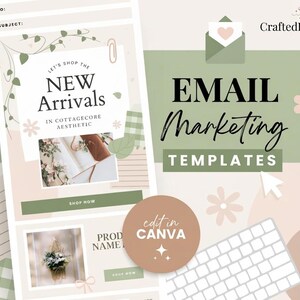 Cottagecore e-mailmarketingtemplates voor Canva, saliegroen nieuwsbriefontwerp, bewerkbare mailinglijsttemplate, Mailchimp Klaviyo, blog pixie