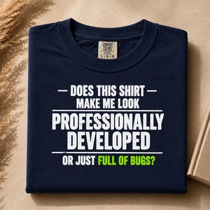 May include: A navy blue t-shirt with white and lime green text that reads: DOES THIS SHIRT MAKE ME LOOK PROFESSIONALLY DEVELOPED OR JUST FULL OF BUGS? The shirt features a crew neckline and a Comfort Colors brand label on the inside collar.
