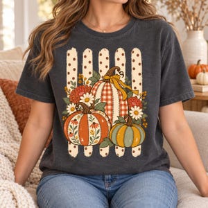 T-shirt patchwork citrouille, T-shirt vintage à fleurs d'automne, Cadeau mignon sur le thème des citrouilles d'automne, T-shirt graphique pour Thanksgiving