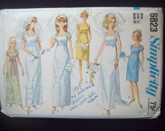 Vintage Simplicity Pattern 6823 Wedding Dress Detachable Train Size 12 Uncut New Old Stock circa 1960s