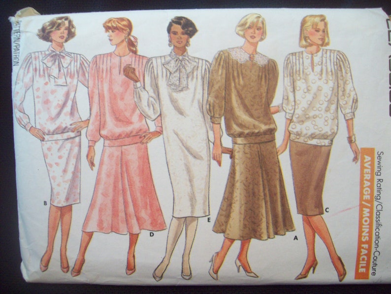 Straight or Flared Skirt Cut Size 12 circa 1980s Cut Pattern Top Vintage Butterick Pattern 5769 Pullover Dress