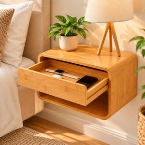 May include: A wall-mounted bamboo nightstand with rounded corners and a single open drawer. Inside the drawer sits a silver-toned wristwatch and a black smartphone. A small potted green plant and a wooden tripod lamp sit on the top surface.