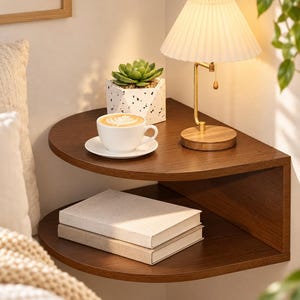 May include: A semi-circular floating wall shelf made of dark wood with two tiers. The top shelf holds a white ceramic coffee cup on a saucer, a small succulent in a white speckled planter, and a brass lamp with a pleated white shade.
