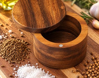 Acacia Wood Salt Cellar, Swivel Lid Spice Box, Rustic Seasoning Holder, Countertop Kitchen Storage, Housewarming Chef Gift