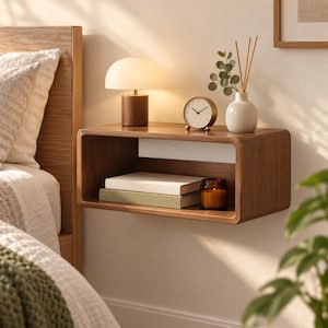 May include: A wall-mounted floating nightstand made of dark wood with a rectangular open shelf. The top surface holds a mushroom-shaped lamp with a wooden base, a round analog clock, and a white ceramic vase containing thin wooden sticks.