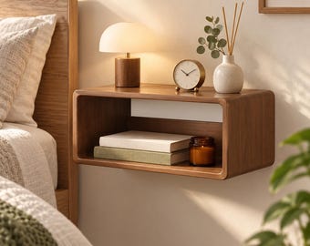 Floating Nightstand with Storage Cubby, Wall Mounted Bedside Shelf, Pine Wood Bedroom Organizer, Minimalist Small Space Furniture