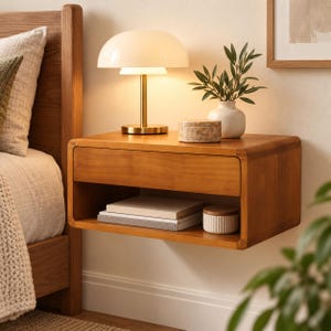 May include: A wall-mounted wooden bedside table featuring a single drawer and an open storage shelf. The top surface holds a mushroom-shaped lamp with a white glass shade and brass base, a small speckled stone container, and a ceramic vase with green leaves.