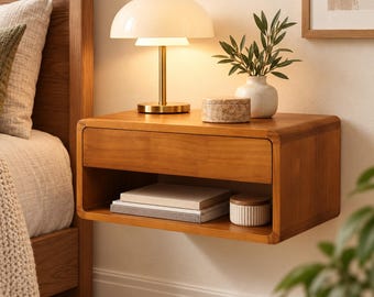 Floating Nightstand with Drawer, Wall Mounted Bedside Table, Pine Wood Shelf, Space Saving Bedroom Organizer, Minimalist Furniture