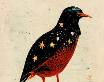 starling and the cosmos they contain - vintage AI Woodblock style 8x10 inch art print