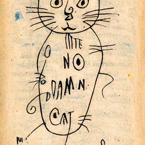 May include: A black and white line drawing of a cat with the words "Oh, no, damn cat" written on its body.