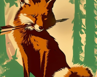 Robin Hood fox steal from rich give to poor - archer bow arrow - nature woods forest Sherwood - AI vintage illustration style 8x10 in Print