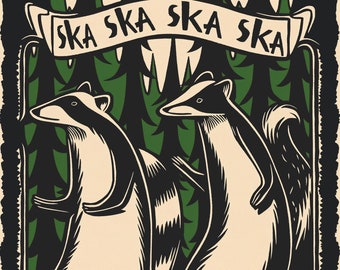 Ska skunks and raccoons - skanking in the forest - two tone black and white animals - AI illustration music poster style 8x10 inch art print