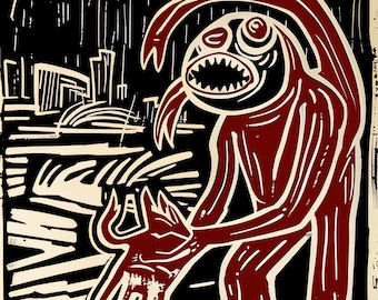 Nothing like the Antarean Bogg - death of Elfangor - animorphs alien andalite visser three - AI linocut woodblock style - 8x10 in Print