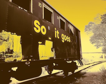 Old abandoned train car railroad railway caboose passenger - so it goes vonnegut quote - vintage antique photograph AI style 8x10 in print