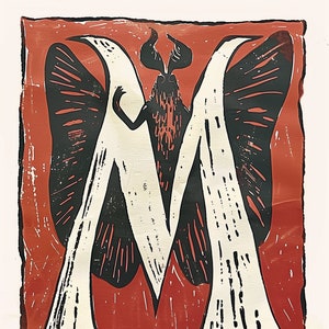 May include: A red, white, and black linocut print of a stylized letter M with a creature with wings and horns in the center.