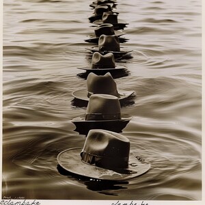 May include: A line of brown felt hats floating in a body of water. The hats are arranged in a straight line, with the brim of each hat facing the viewer. The water is calm and still, and the hats are reflected in the surface of the water.