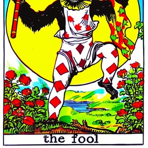 May include: A tarot card illustration of The Fool. The Fool is depicted as a jester-like figure with a red and green hat, a white and red costume, and a staff. The Fool is walking towards a cliff with a bright yellow sun behind them. The card is surrounded by green foliage and red flowers.