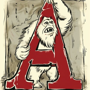 May include: A large, white, furry creature with a red letter A in front of it. The creature is holding the letter up with its hands. The background is a light brown color with a watercolor effect.
