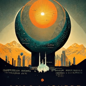 May include: A digital art print of a futuristic city with a large, spherical structure in the center. The sphere is surrounded by a ring of smaller structures and a bright, orange sun. The text "DYSON SPHERE" is printed at the bottom of the image.