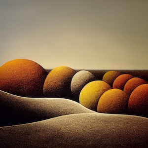 May include: Abstract painting of a landscape with a series of orange, yellow, and white spheres against a gray background.