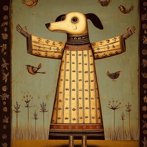 May include: An artistic illustration of a dog-like figure with outstretched arms, wearing a patterned robe. The artwork features a light blue background with birds and stylized plants. The border is dark with floral designs.