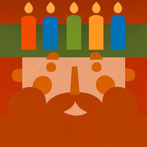 May include: A cartoon illustration of a person with a red beard and a row of five candles on top of their head. The candles are red, blue, green, orange, and blue.