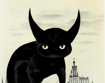 Begemot, the master and margarita’s behemoth feline - demon cat towers over Moscow vintage drawing illustration AI style 8x10 inch art print