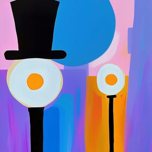 May include: Abstract painting with two tall, black, vertical lines, each topped with a white circle with an orange center. The background is a mix of pink, purple, blue, and orange.