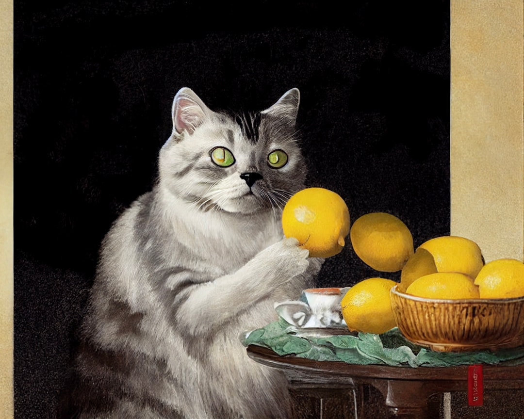 Cats Hate Lemons sourpuss AI Classical Painting Style 8x10 Inch Art