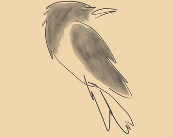 Hooded Crow bird minimalism line drawing black white gray 8x10 Inch Print