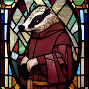 May include: A stained glass window depicting a badger wearing a brown robe. The badger has a white stripe down its face and a black nose. The window is set in a frame with colorful stained glass.