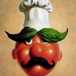 May include: A tomato-shaped face with a white chef's hat, green basil leaves for eyebrows, and a black mustache. The face has a large, red nose and brown eyes.